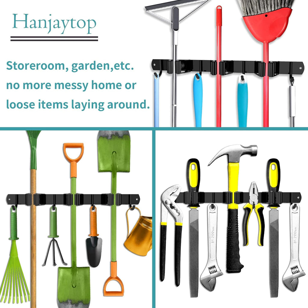 Mop and Broom Holder Wall Mount, Stainless Steel Heavy Duty Garden and Kitchen Garage Tool Organizer Wall Hanger for Home Goods (3 Racks 4 Hooks)