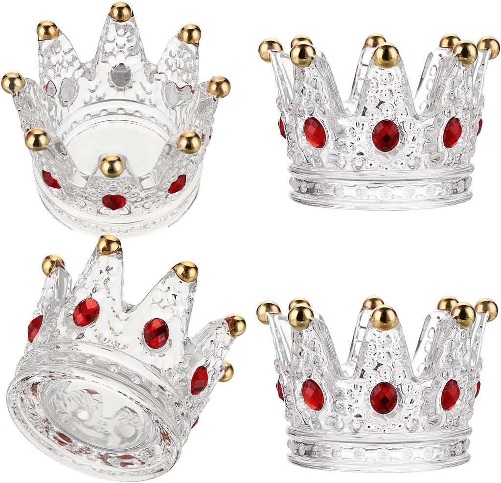 Set of 4 Glass Crown Tealight Candle Holder Crystal Votive Candle Holder Candle Stand, Crown Nail Art Dappen Dish Tea Light Holder for Dining Table Centerpiece Home Decor Wedding Party (Red)
