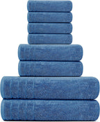 Pack of 8 Towels Set, 2 Extra Large Bath, 2 Hand, 4 Washcloths, 100% Cotton, Lighter Weight, Quicker to Dry, Super Absorbent, Perfect for Bathroom, Blue