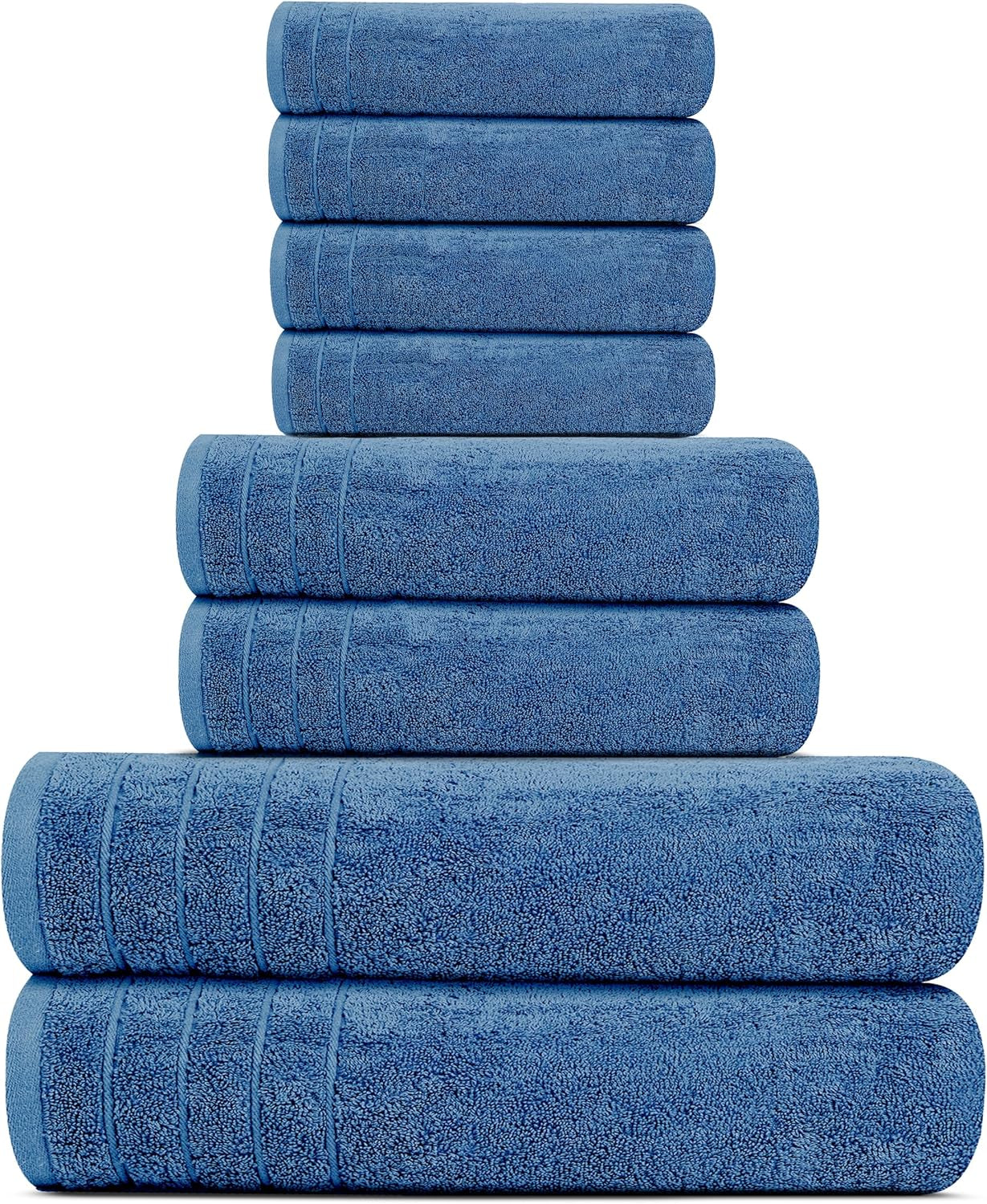 Pack of 8 Towels Set, 2 Extra Large Bath, 2 Hand, 4 Washcloths, 100% Cotton, Lighter Weight, Quicker to Dry, Super Absorbent, Perfect for Bathroom, Blue