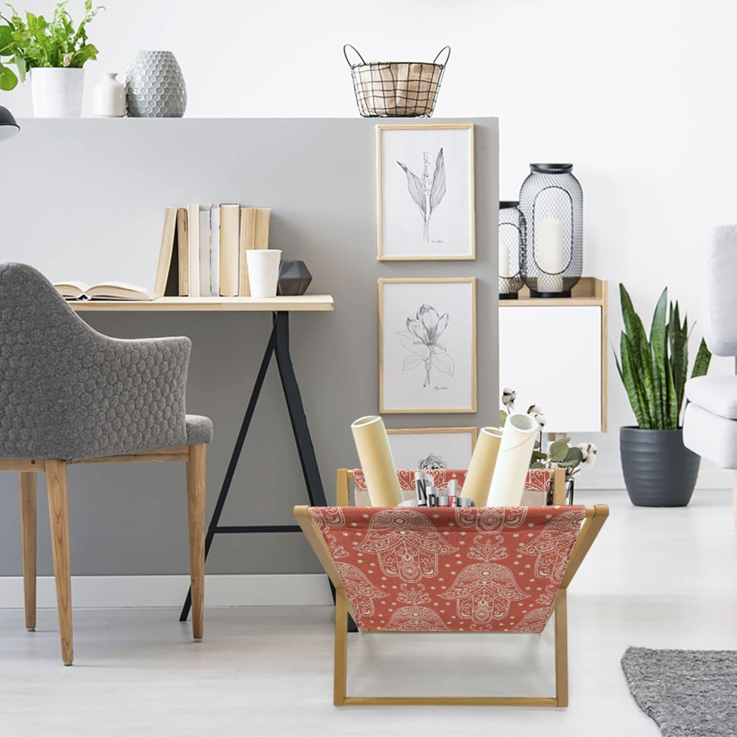 Hamsa Magazine and Book Holder, Egyptian Boho Hand Shape Pattern Eye Design Bridal Night Inspired Art, Floor Rack Decor for Interior of Home & Office, 22" X 19", Coral White