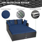 Outdoor Patio Rattan Daybed Pillows Cushioned Sofa Furniture Navy