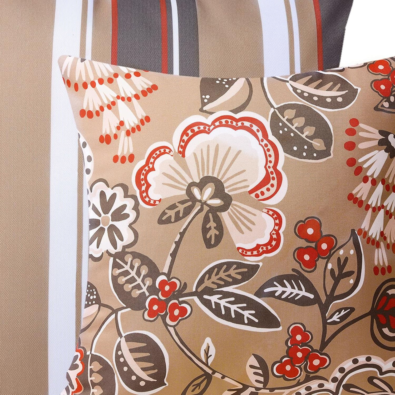 Pack of 2 Outdoor Indoor Throw Decorative Pillow Cover Decorative Waterproof Striped Floral Patio Pillows Cushion Case for Couch Tent Park, Light Coffee 18 X 18 Inches