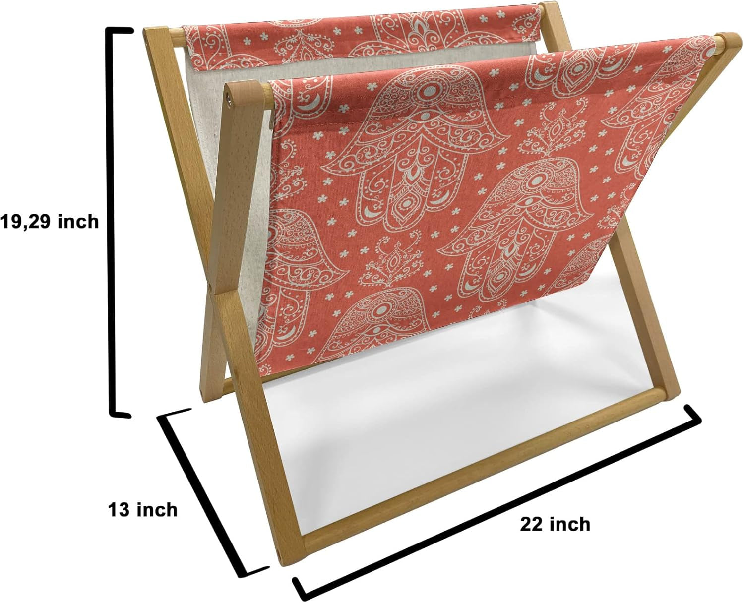 Hamsa Magazine and Book Holder, Egyptian Boho Hand Shape Pattern Eye Design Bridal Night Inspired Art, Floor Rack Decor for Interior of Home & Office, 22" X 19", Coral White