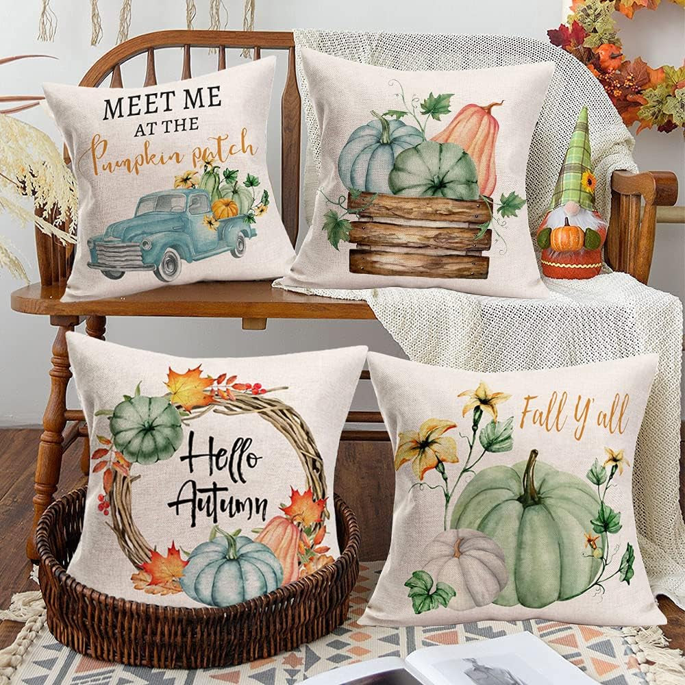 Pumpkin Home Fall Decor Throw Pillow Covers 22X22 Inch Set of 4 Autumn Harvest Maple Leaf Flower with Blue Truck Rustic Farmhouse Decorations Pillow Cases Thanksgiving Cotton Linen