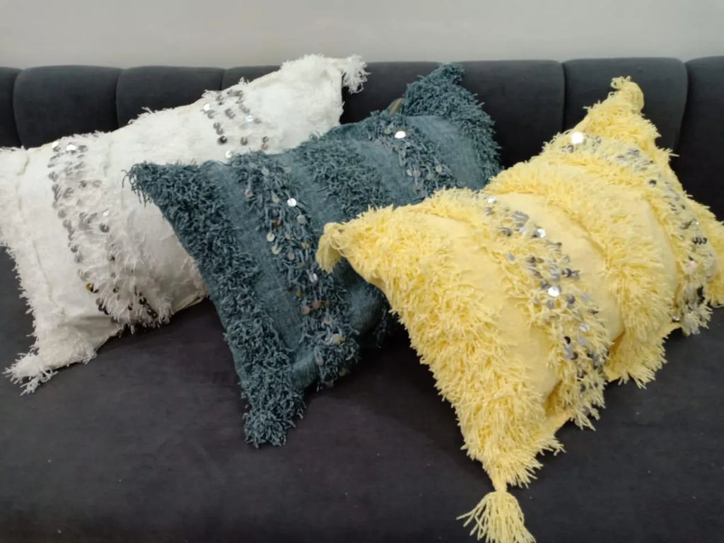 Handira Moroccan Pillows Wedding Handmade Cushion Cover Shaggy Berber Handira Pillows Moroccan Sofa Green Sequins Pillow