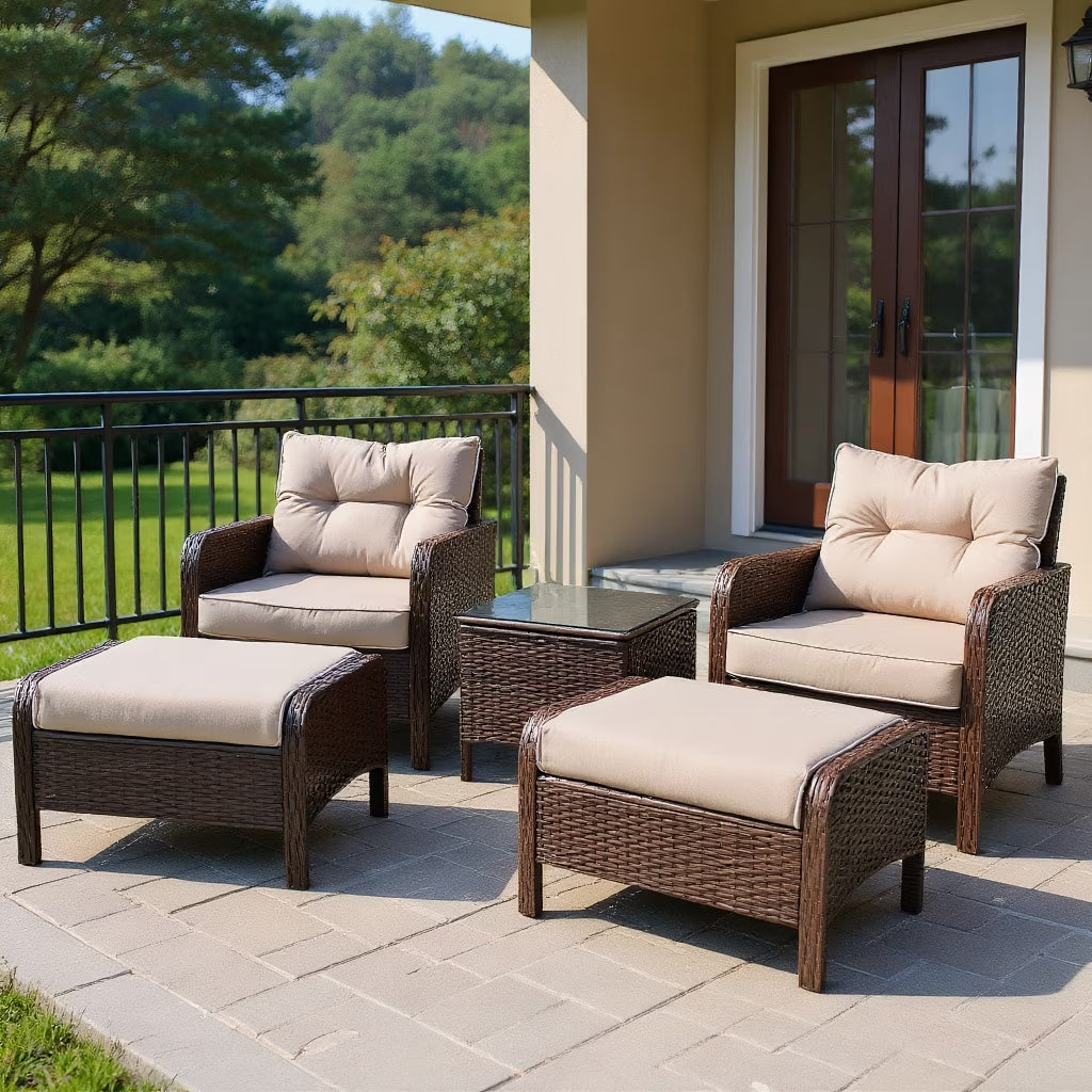 5 Pieces Patio Rattan Sofa Ottoman Furniture Set with Cushions, Patio Seating Conversation Set, Modern Patio Sofa Sectional All Weather Proof for Patio Back Deck