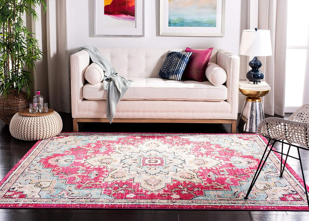 Madison Collection Accent Rug - 4' X 6', Fuchsia & Blue, Medallion Distressed Design, Non-Shedding & Easy Care, Ideal for High Traffic Areas in Entryway, Living Room, Bedroom (MAD473A)