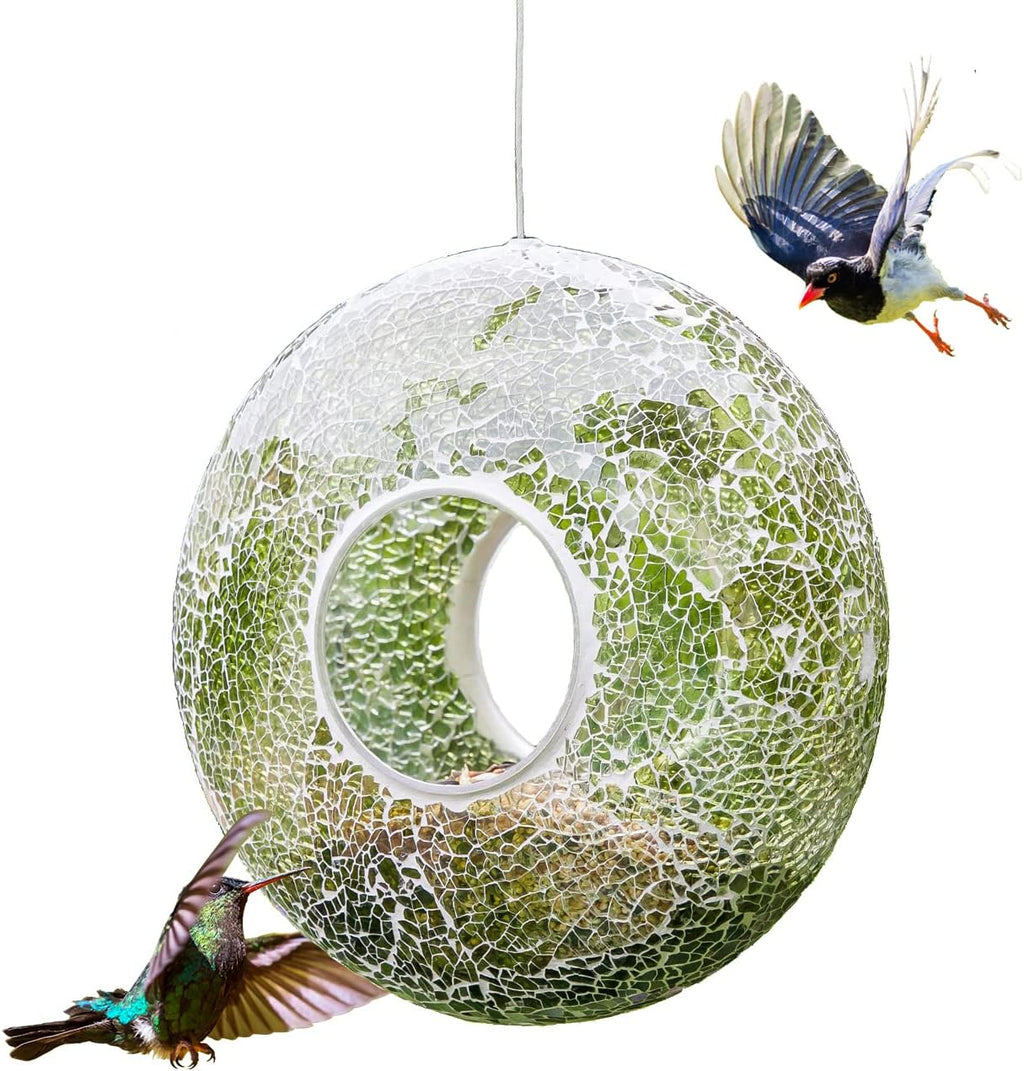 Bird Feeder, round Squirrel-Proof Wild Bird Feeder, Fly-Through Hanging Glass Design, Large Wreath-Shaped Bird Feeder, Mosaic Patterns for Outdoor Gardens and Yards Decoration, Green