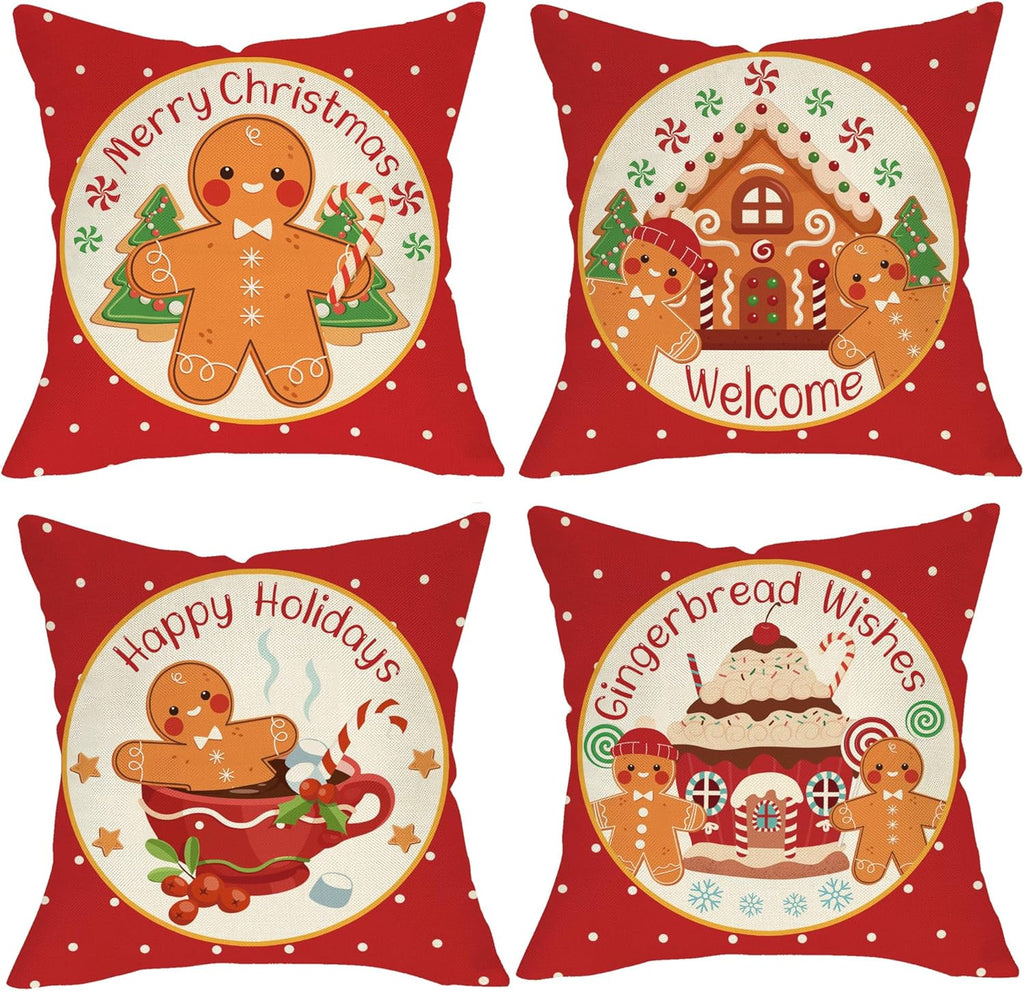 Merry Christmas Gingerbread Man House Decorative Throw Pillow Cover 18X18 Set of 4, Xmas Red Polka Dot Coffee Welcome Home Decorations, Winter Happy Cushion Case Decor for Sofa Couch