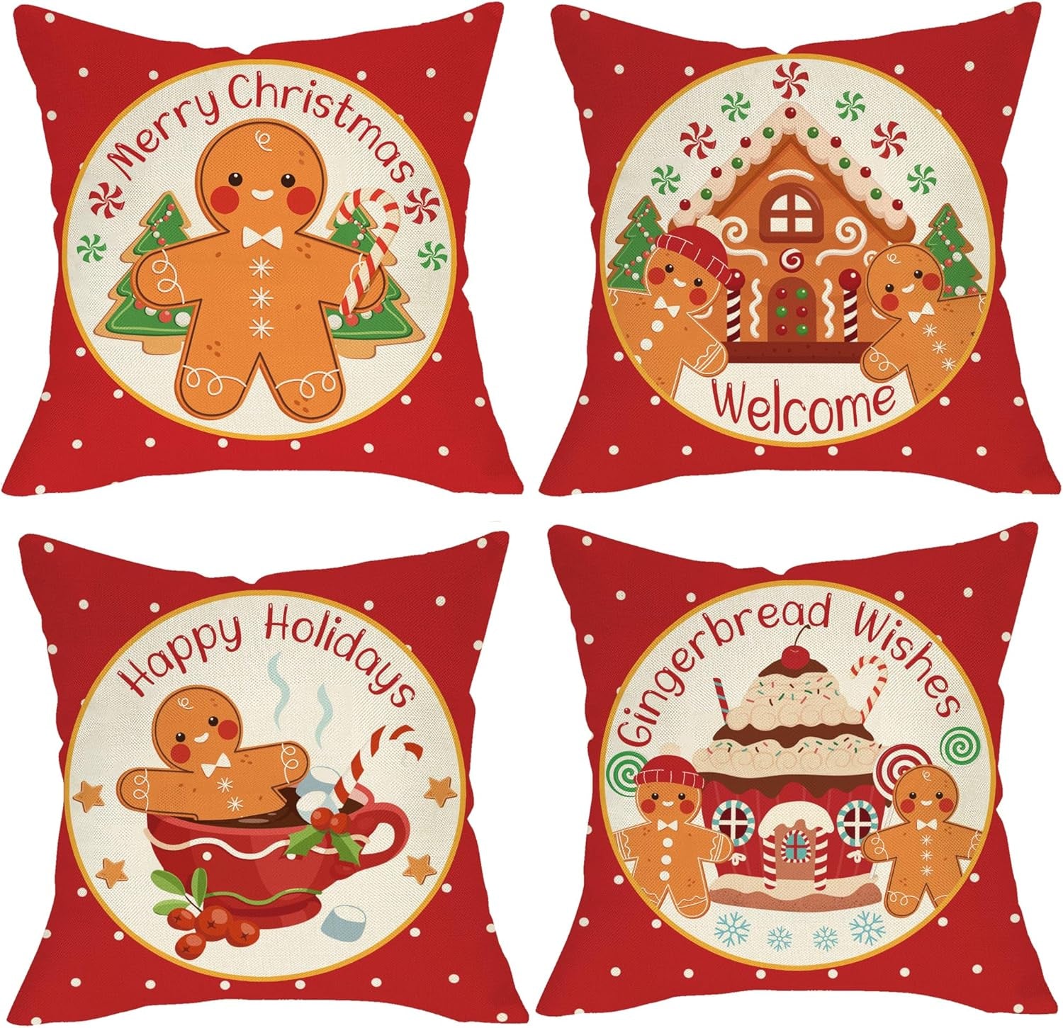 Merry Christmas Gingerbread Man House Decorative Throw Pillow Cover 18X18 Set of 4, Xmas Red Polka Dot Coffee Welcome Home Decorations, Winter Happy Cushion Case Decor for Sofa Couch