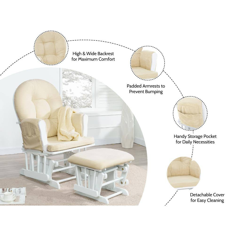 White/Cream Modern Glider Nursery Rocking Chair with Ottoman, Ideal for Breastfeeding and Reading