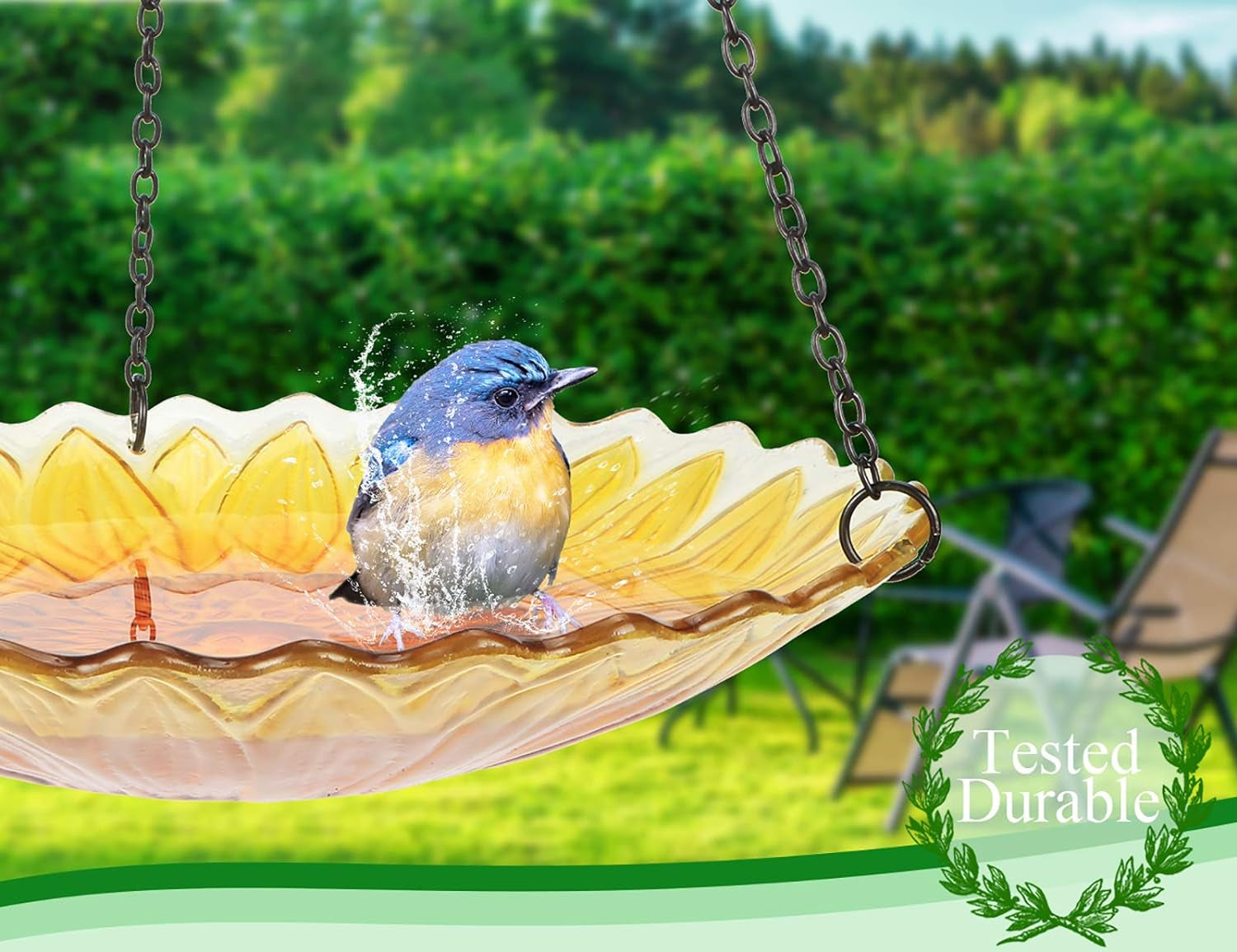 Hanging Bird Bath Outdoor, Sunflower Glass Birdbaths & Birdfeeder with Water Ripple Rim 11 Inch for Garden Yard Patio Decor
