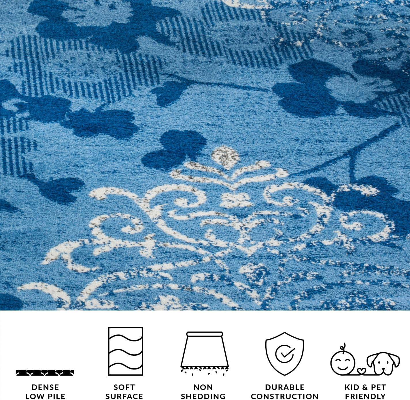 Adirondack Collection Area Rug - 5'1" X 7'6", Light Blue & Dark Blue, Floral Glam Distressed Design, Non-Shedding & Easy Care, Ideal for High Traffic Areas in Living Room, Bedroom (ADR114F)