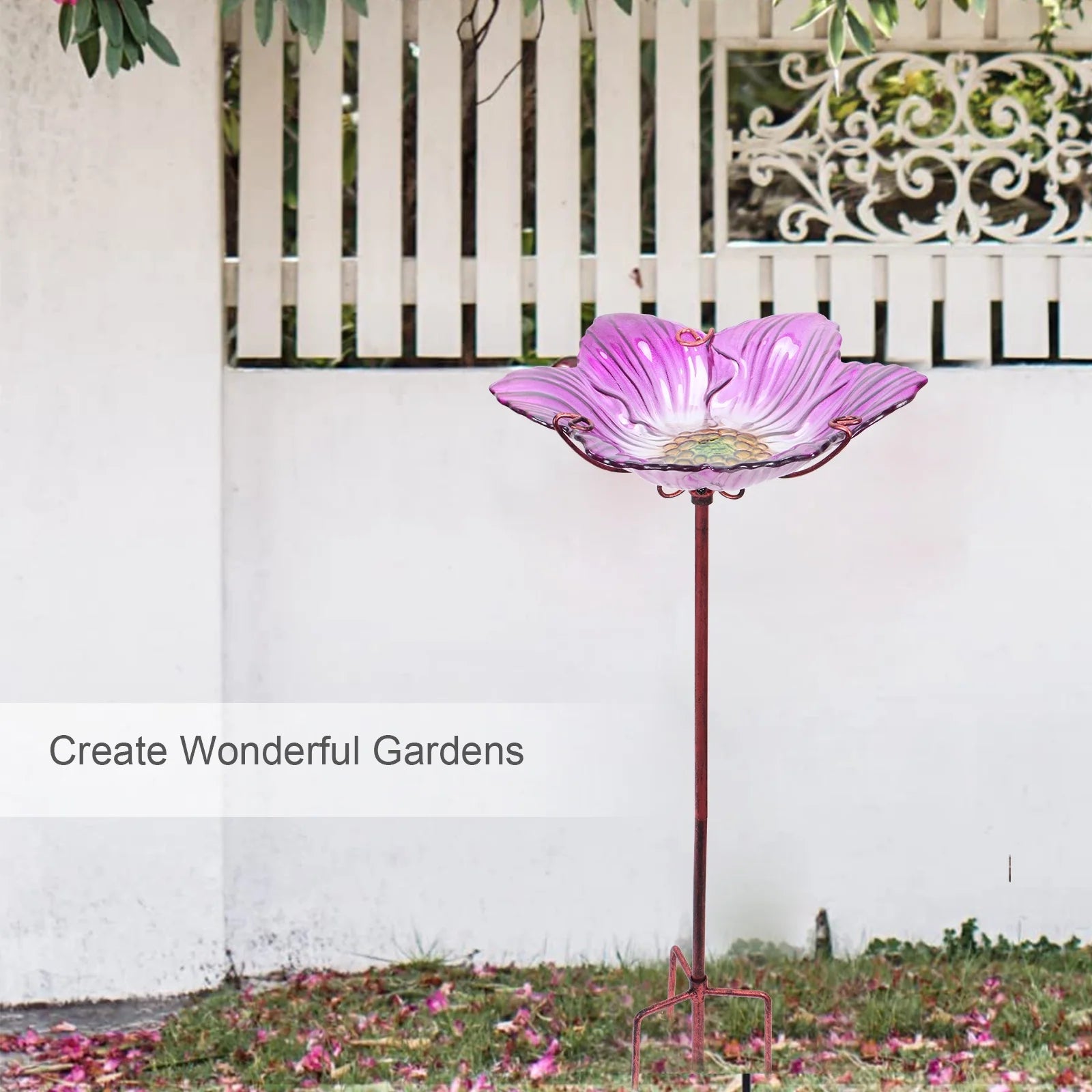 Glass Bird Bath, Outdoor Bird Feeders with Metal Stake, Pink Bird Bowls for Garden Yard Lawn