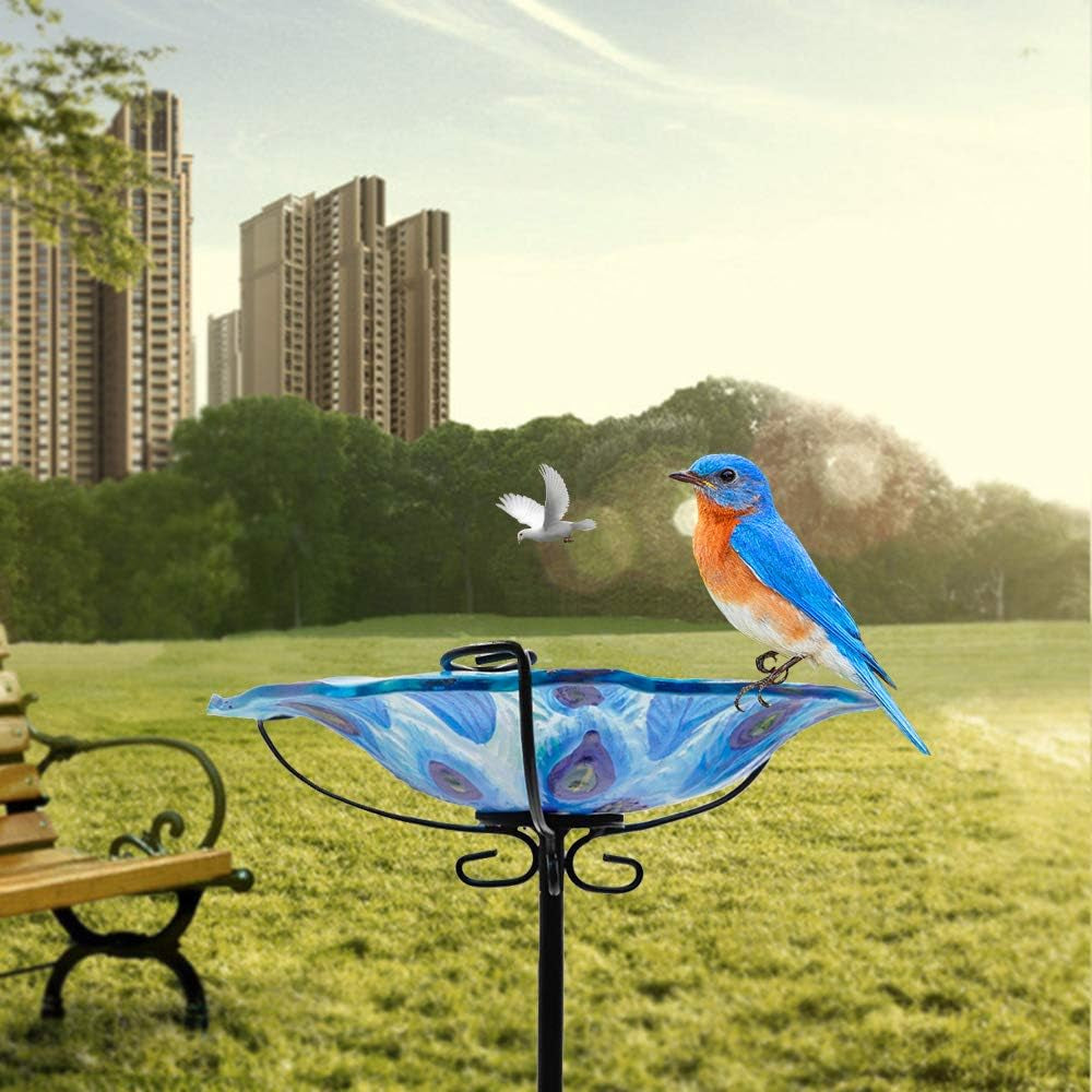 Bird Baths for Outdoors with Metal Stake, Glass Bird Feeder Tray, Bird Baths Bowl for outside Garden Yard Backyard Bird Lovers