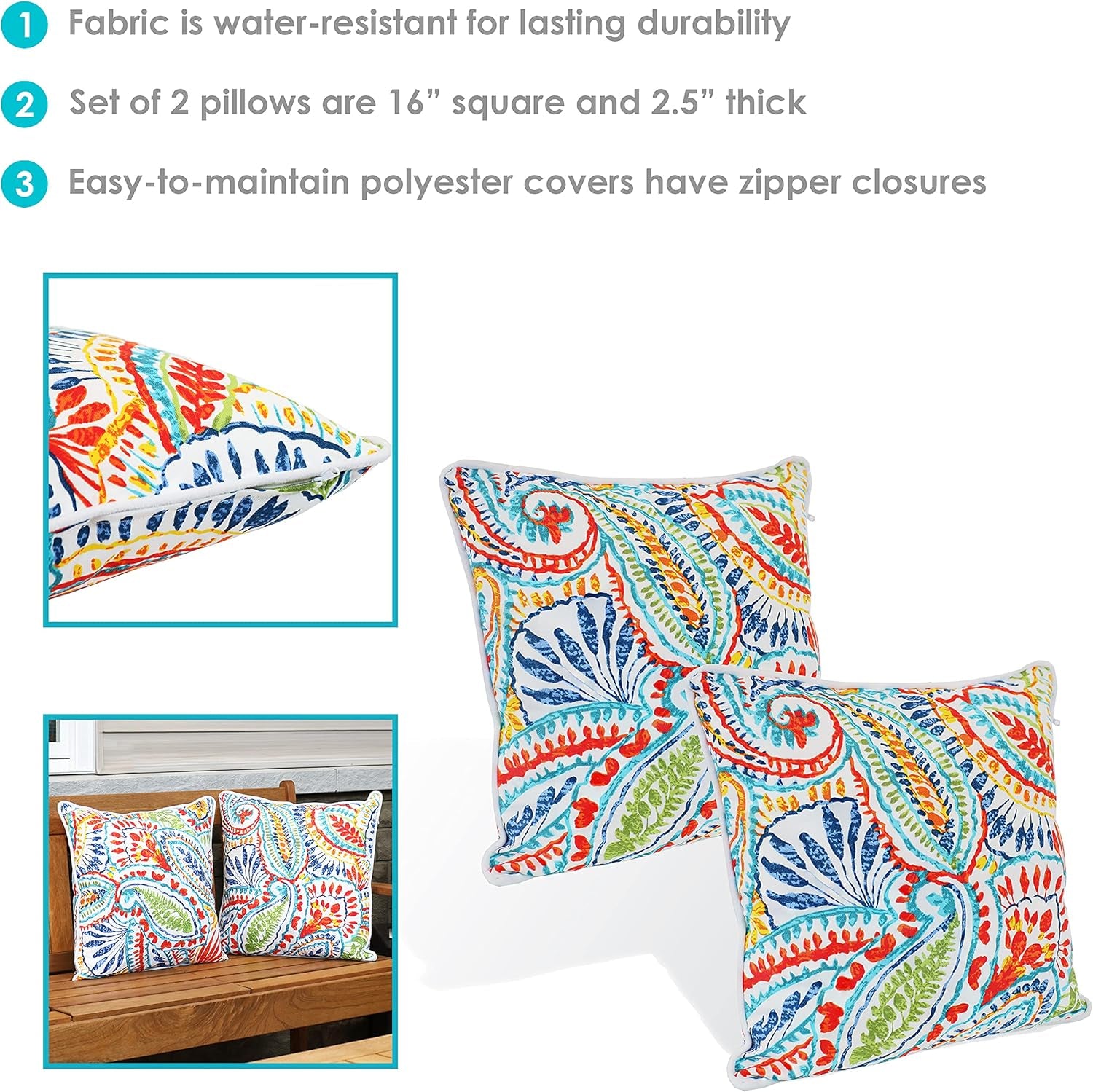 16-Inch Square Decorative Outdoor Throw Pillows - Set of 2 - Bold Paisley - for Indoor and Outdoor Use