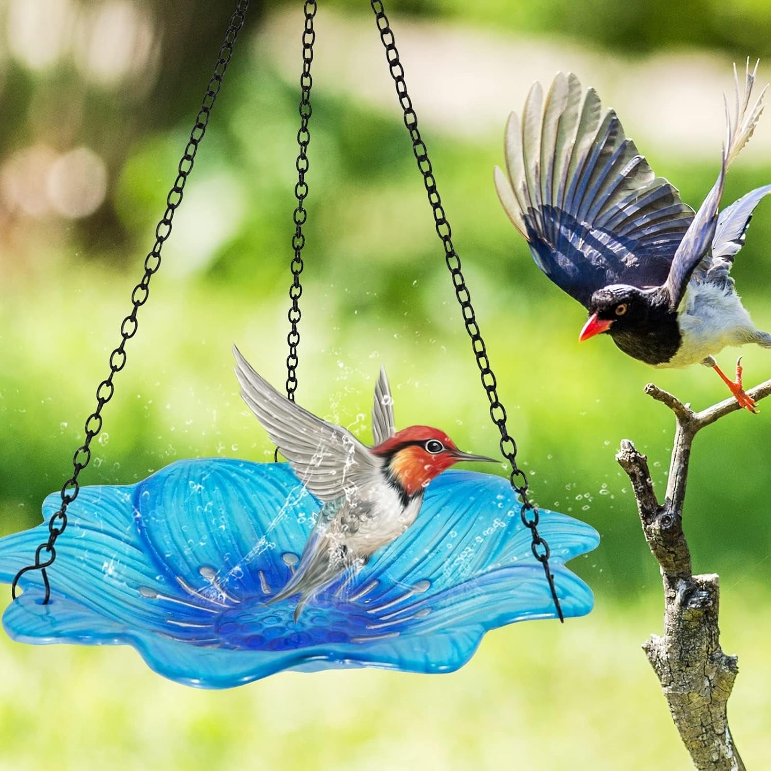 Hanging Bird Feeder - Bird Baths for Outdoors - Glass Birdbaths for Garden and Patio Decor, Pretty Gift Idea