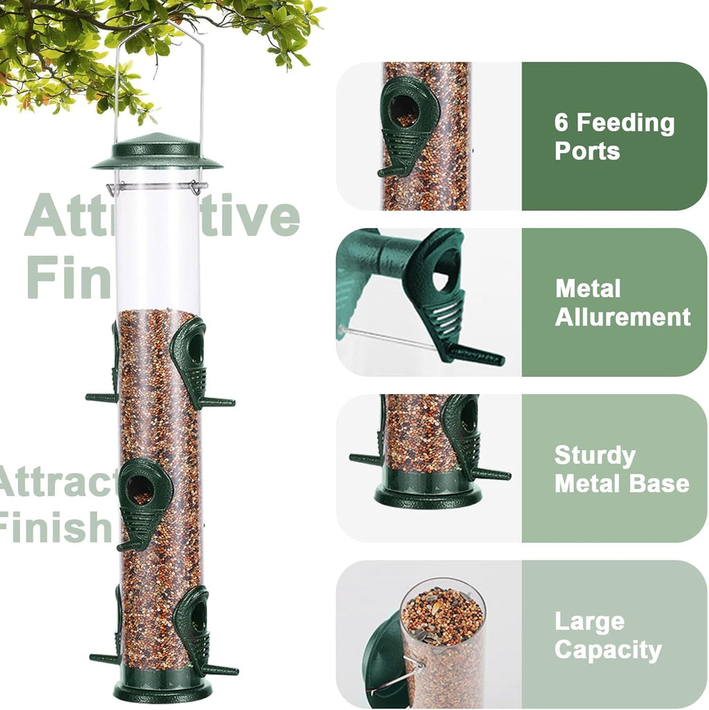 1PK Metal Bird Feeders with 6 Feeding Ports,Tube Bird Feeder with Steel Hanger,Hard Plastic Wild Bird Feeder for Outdoors Hanging, Attracting Birds in Your Lawn, Garden, Balcony–Green