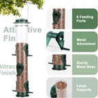 1PK Metal Bird Feeders with 6 Feeding Ports,Tube Bird Feeder with Steel Hanger,Hard Plastic Wild Bird Feeder for Outdoors Hanging, Attracting Birds in Your Lawn, Garden, Balcony–Green