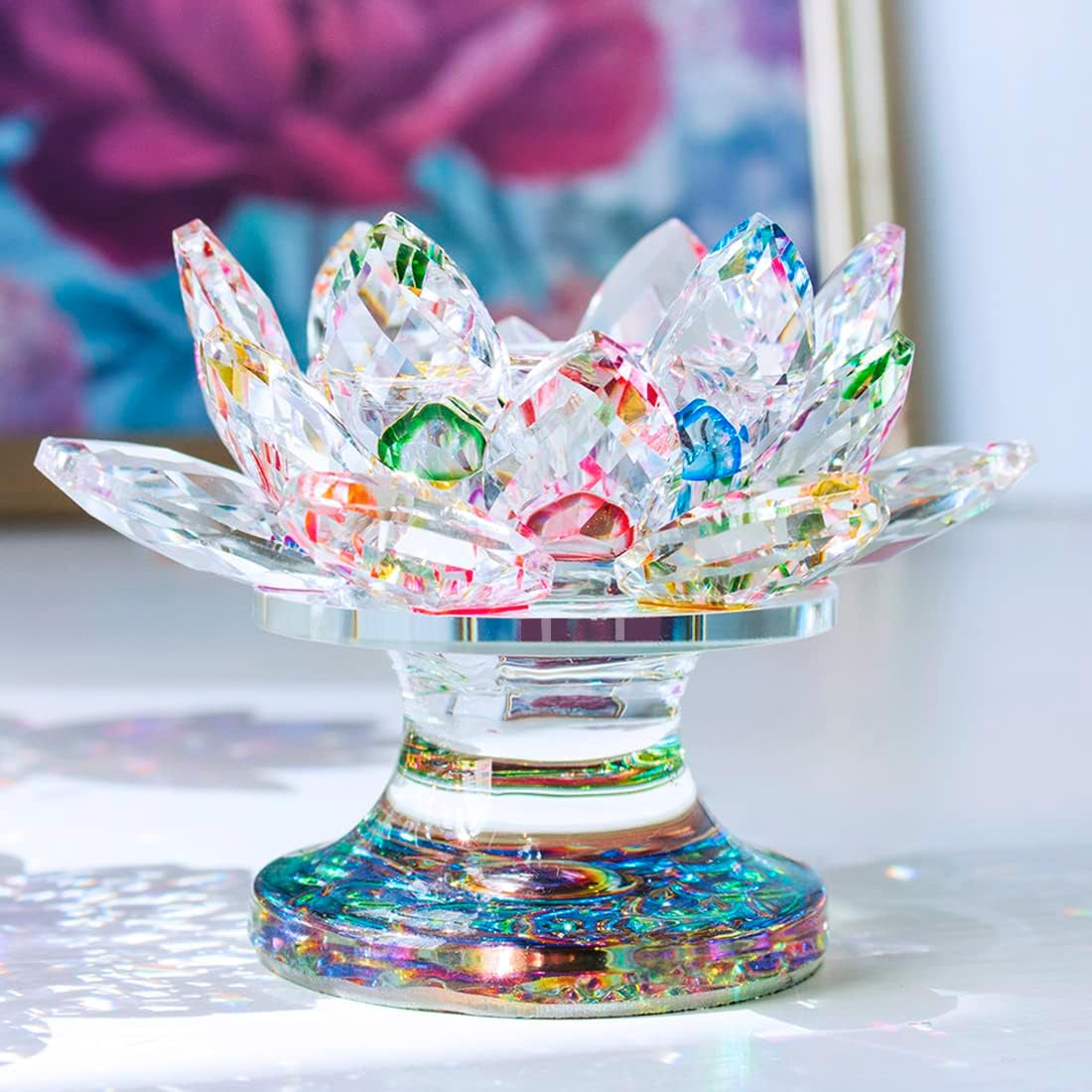 Colorful Crystal Lotus Flower Candle Holder Tealight Holders (4.5Inch-Multi)
