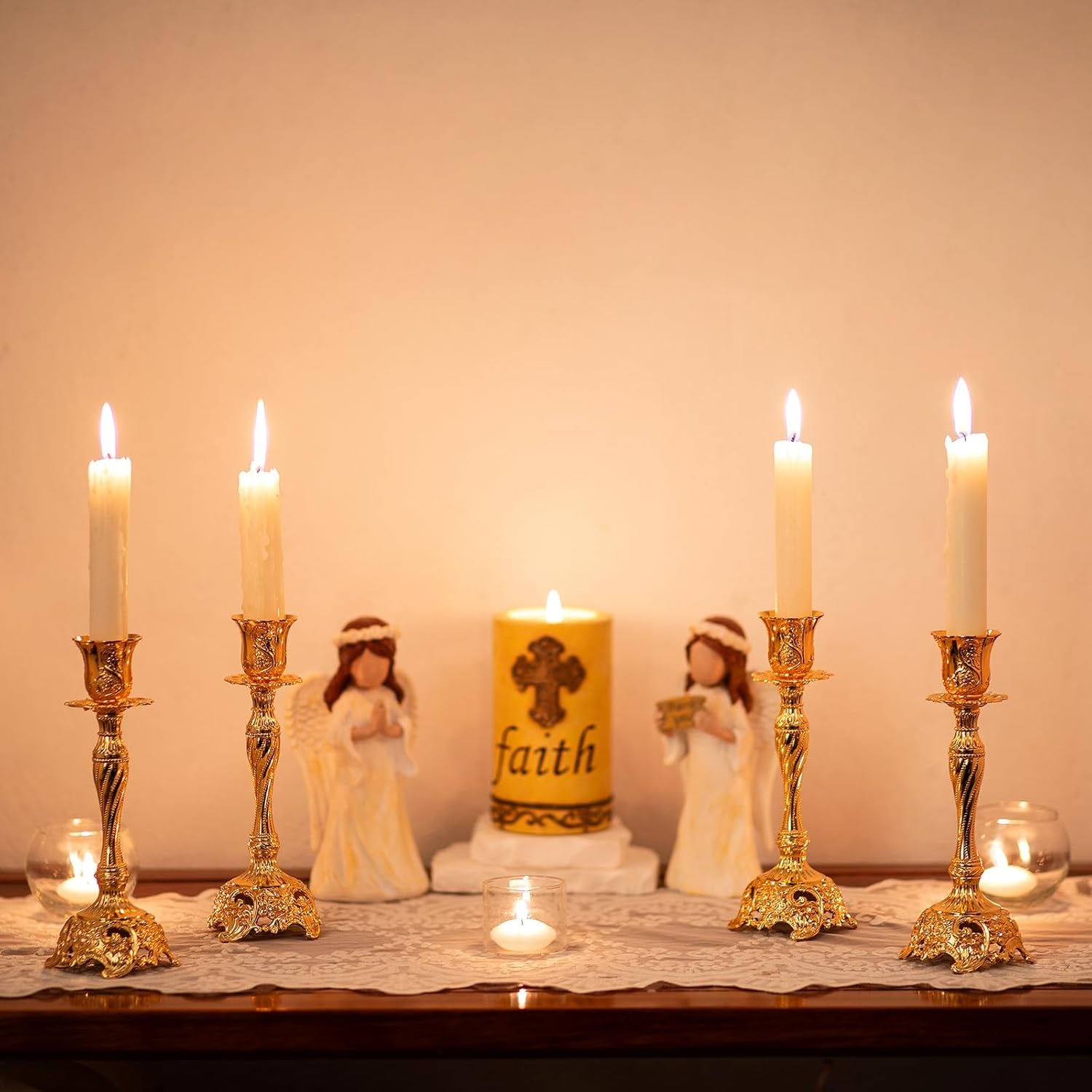 Gold Candlestick Holders Set of 2 Taper Candle Holders Deluxe Ornate Candle Holders for Shabbat Taper Candles, Candle Centerpiece, Wedding Candles, Christmas Candle 7.4Inch