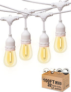 Outdoor String Lights LED White 100FT Patio Lights String with 32 1W Dimmable Shatterproof Bulbs for Wedding Pergola Gazebo Bistro Outdoor