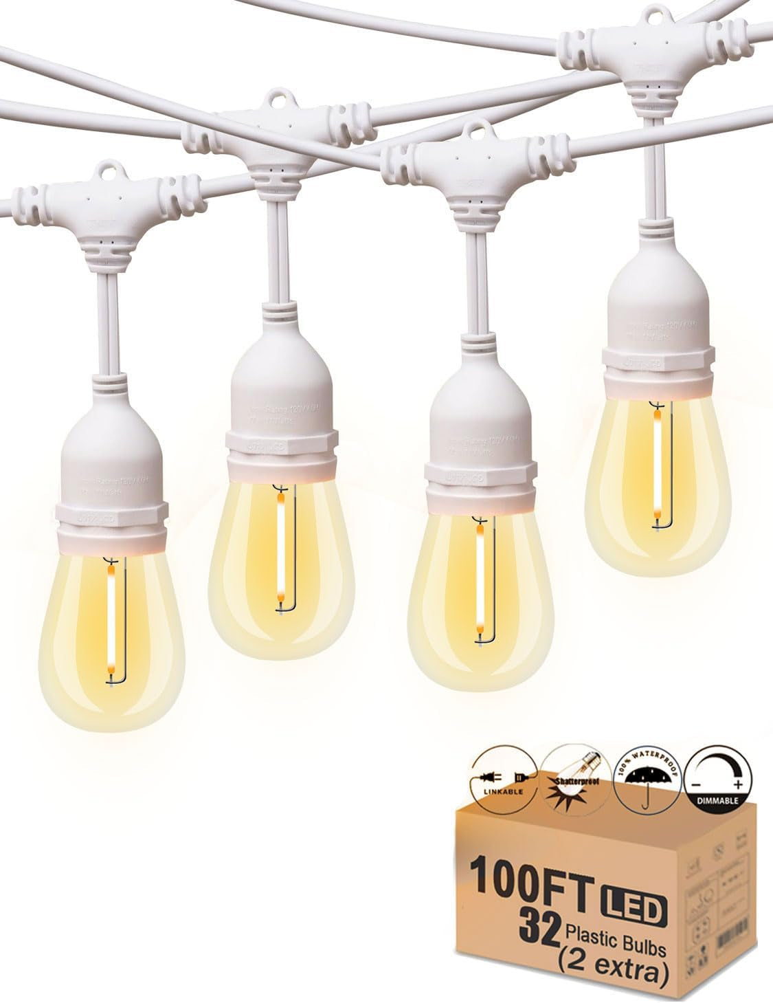 Outdoor String Lights LED White 100FT Patio Lights String with 32 1W Dimmable Shatterproof Bulbs for Wedding Pergola Gazebo Bistro Outdoor