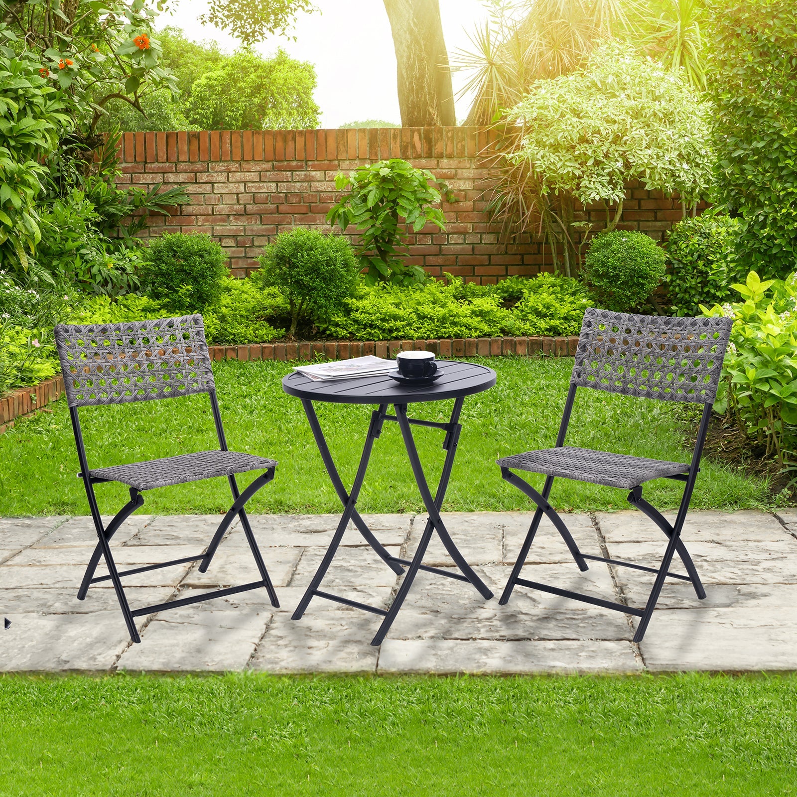 3 Piece Folding Outdoor Patio Bistro Set, Wicker Patio Furniture Sets with Table and Chairs for Garden, Backyard, Porch, Patio - Patio Conversation Set