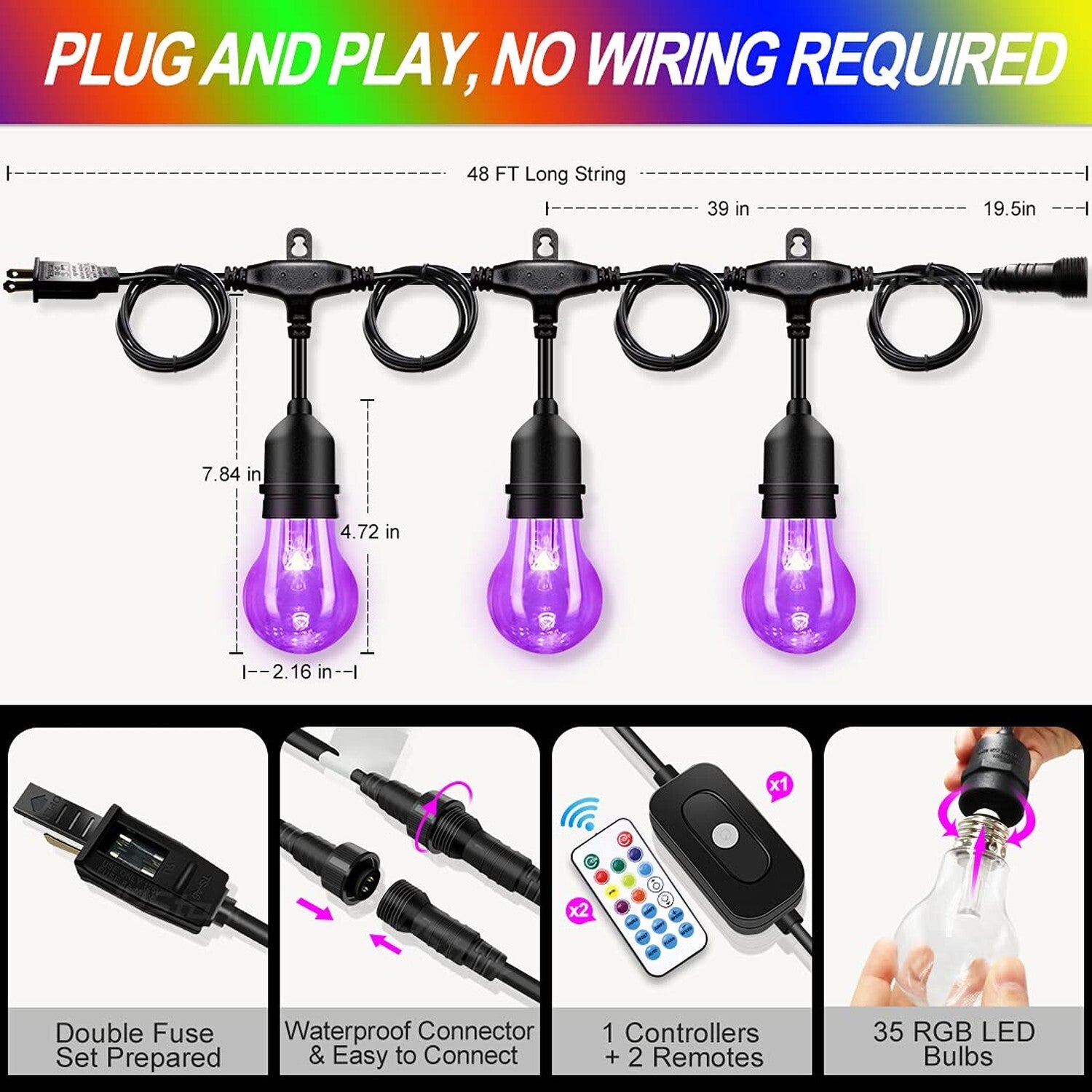 Ipstank 48FT Outdoor Patio Lights Color Changing, RGB LED String Lights with ...