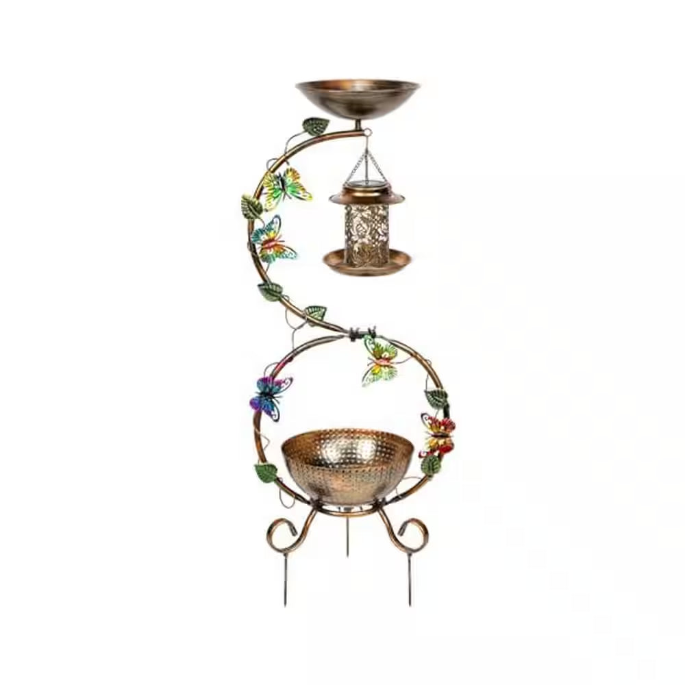 3-In-1 38 In. Vintage Metal Waterproof Bird Bath Black with Solar Bird Feeder and Planter Pedestal