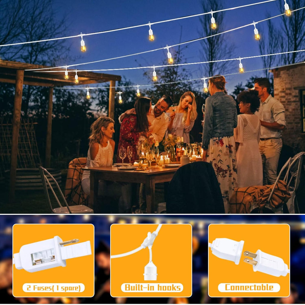 Outdoor String Lights LED White 100FT Patio Lights String with 32 1W Dimmable Shatterproof Bulbs for Wedding Pergola Gazebo Bistro Outdoor
