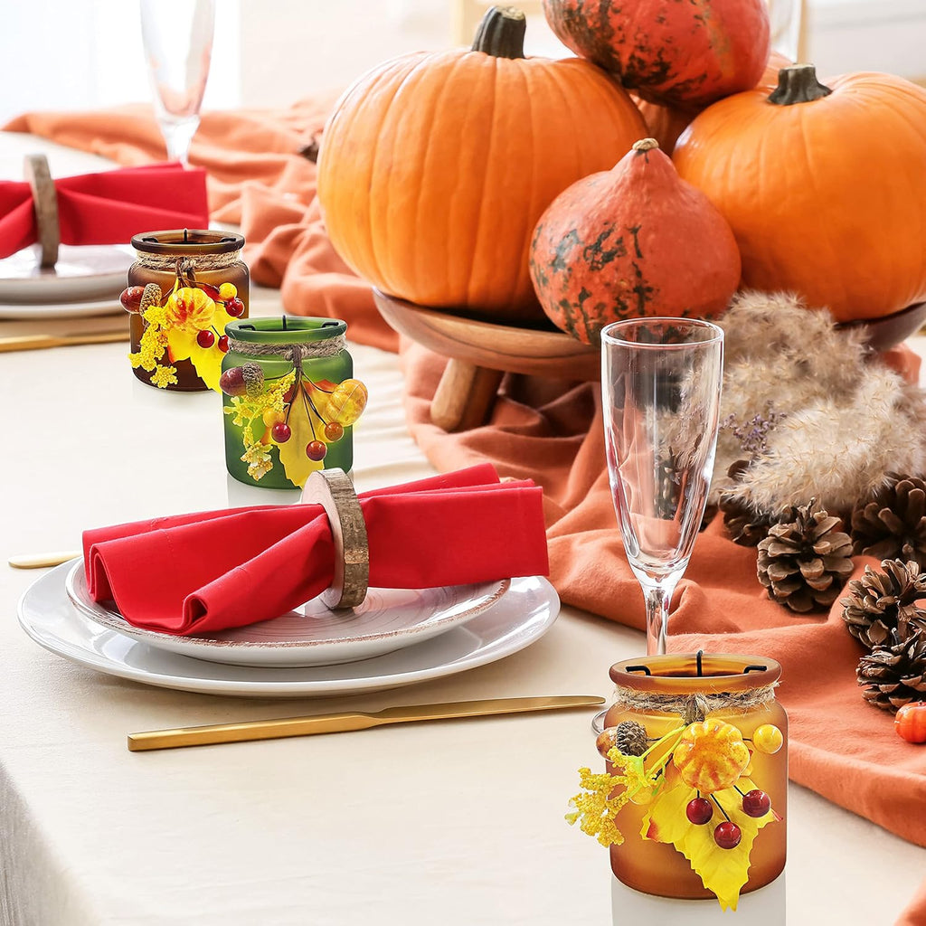 Fall Candle Holders Set of 6, Pumpkin Glass Votive Candle Holders, Amber Tea Lights Holders for Thanksgiving Table Decoration
