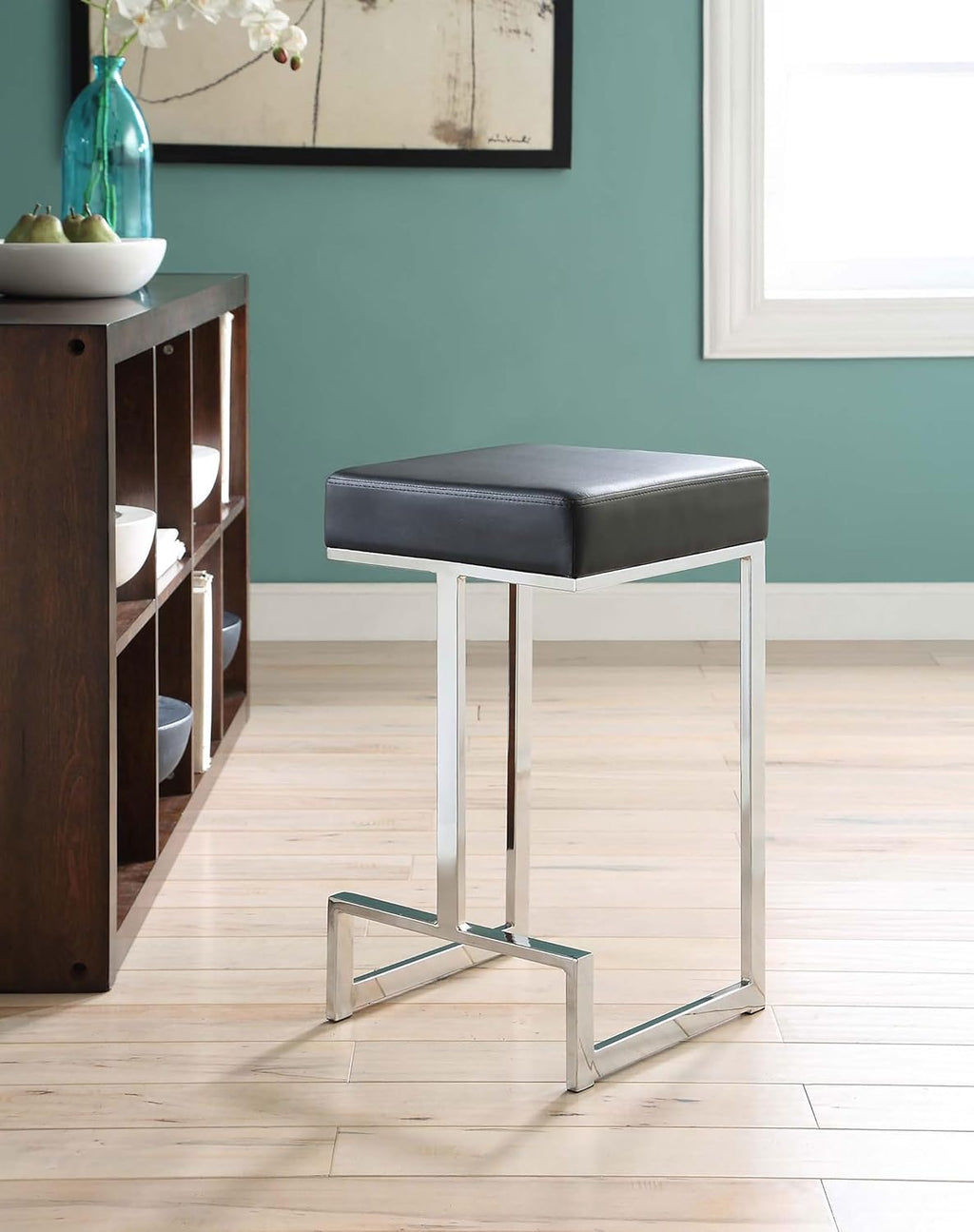 Home Furnishings - Gervase - Square Counter Height Stool - Armless, Backless, Padded Seat, Footrest - Dining Room & Kitchen - Black & Chrome - 105253