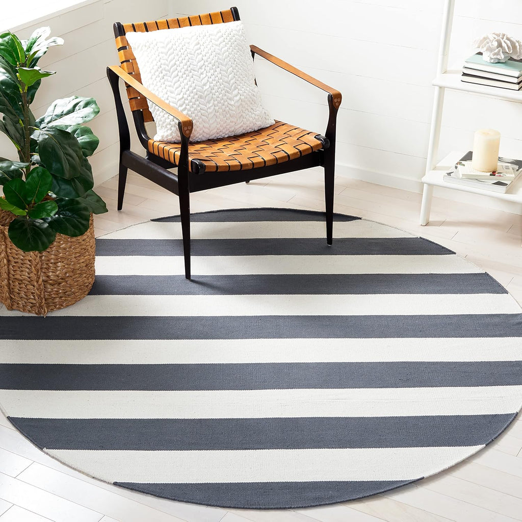 Montauk Collection Area Rug - 8' Round, Grey & Ivory, Handmade Flatweave Cotton, Woven Texture, Farmhouse Stripe Pattern, Ideal for Living Room, Bedroom, Dining Space (MTK712G)