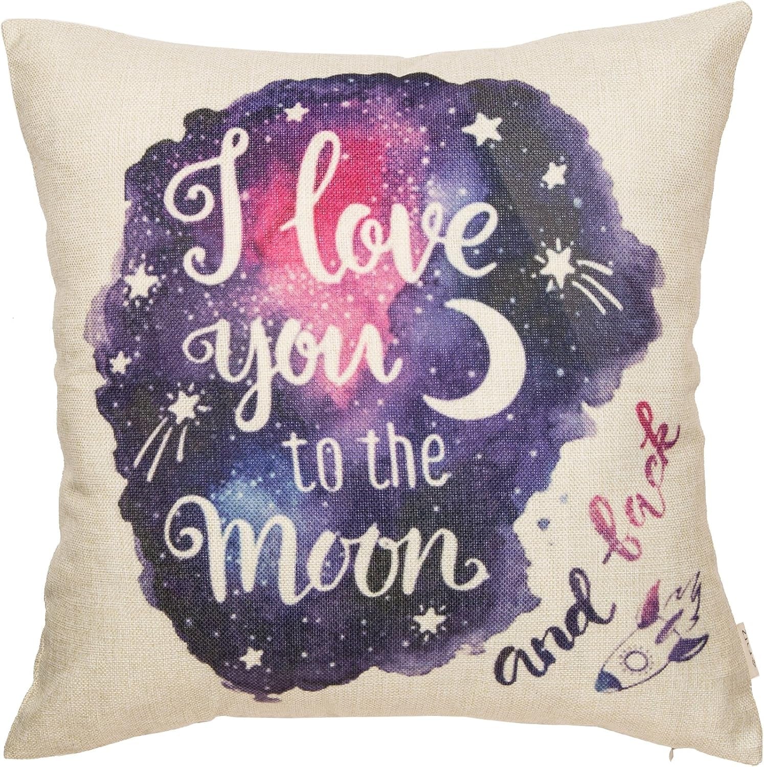 Cotton Linen Home Decorative Throw Pillow Cover 18" X 18", Galaxy Star Cushion Case for Sofa Couch Watercolor I Love You to the Moon and Back Lover Gift Decor Valentine’S Day Decoration
