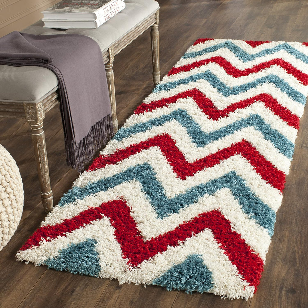 Kids Shag Collection Runner Rug - 2'3" X 7', Ivory & Red, Chevron Design, Non-Shedding & Easy Care, 2-Inch Thick Ideal for High Traffic Areas in Living Room, Bedroom (SGK564B)