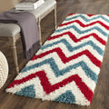 Kids Shag Collection Runner Rug - 2'3" X 7', Ivory & Red, Chevron Design, Non-Shedding & Easy Care, 2-Inch Thick Ideal for High Traffic Areas in Living Room, Bedroom (SGK564B)