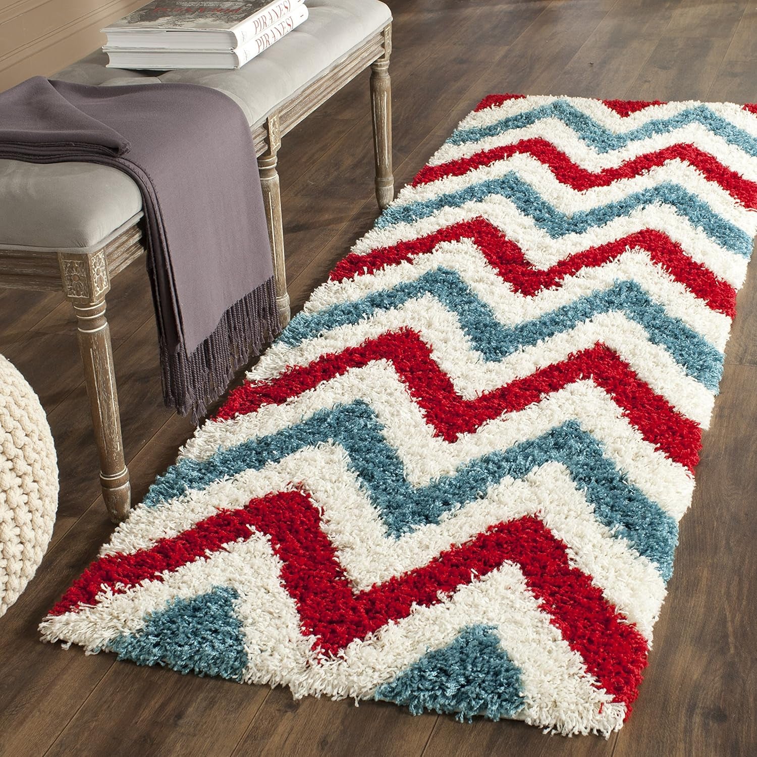 Kids Shag Collection Runner Rug - 2'3" X 7', Ivory & Red, Chevron Design, Non-Shedding & Easy Care, 2-Inch Thick Ideal for High Traffic Areas in Living Room, Bedroom (SGK564B)
