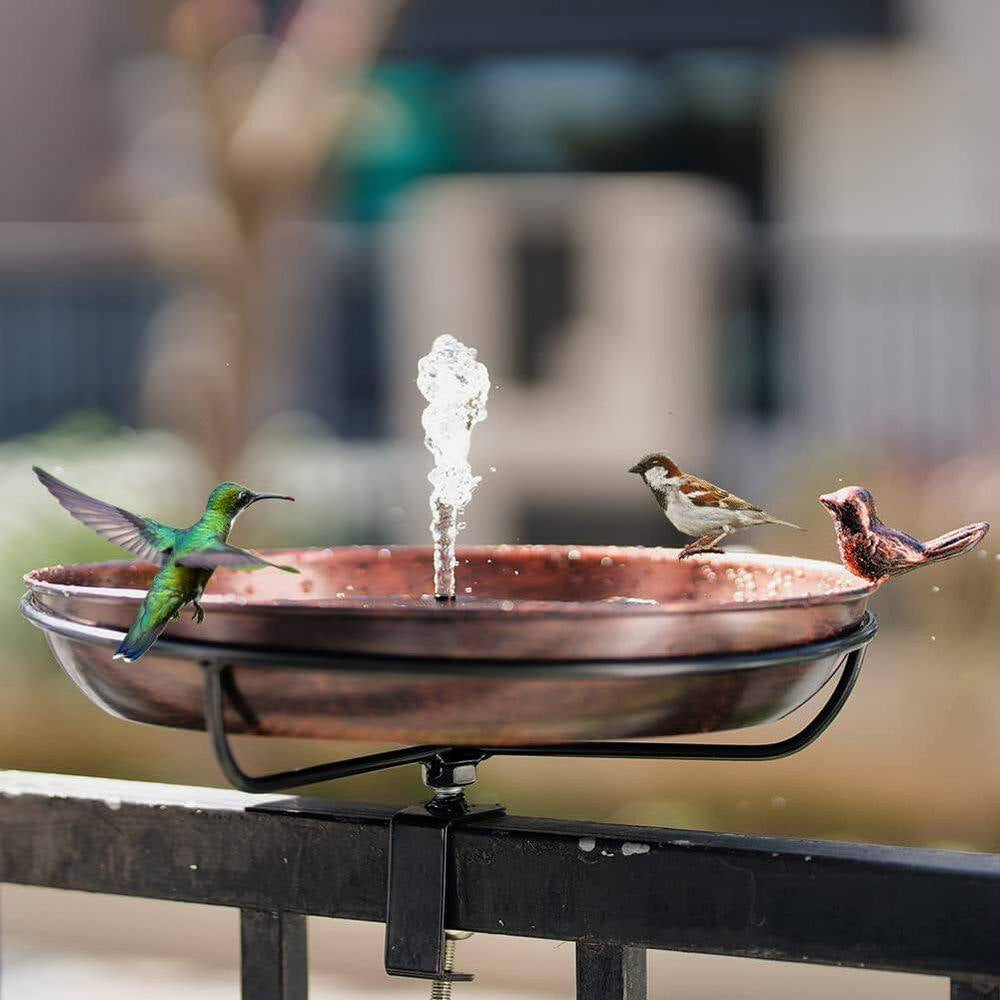 12 In. Metal Deck Mounted Bird Bath with Adjustable Sturdy Clamp for Outdoor Garden Balcony Patio Decoration