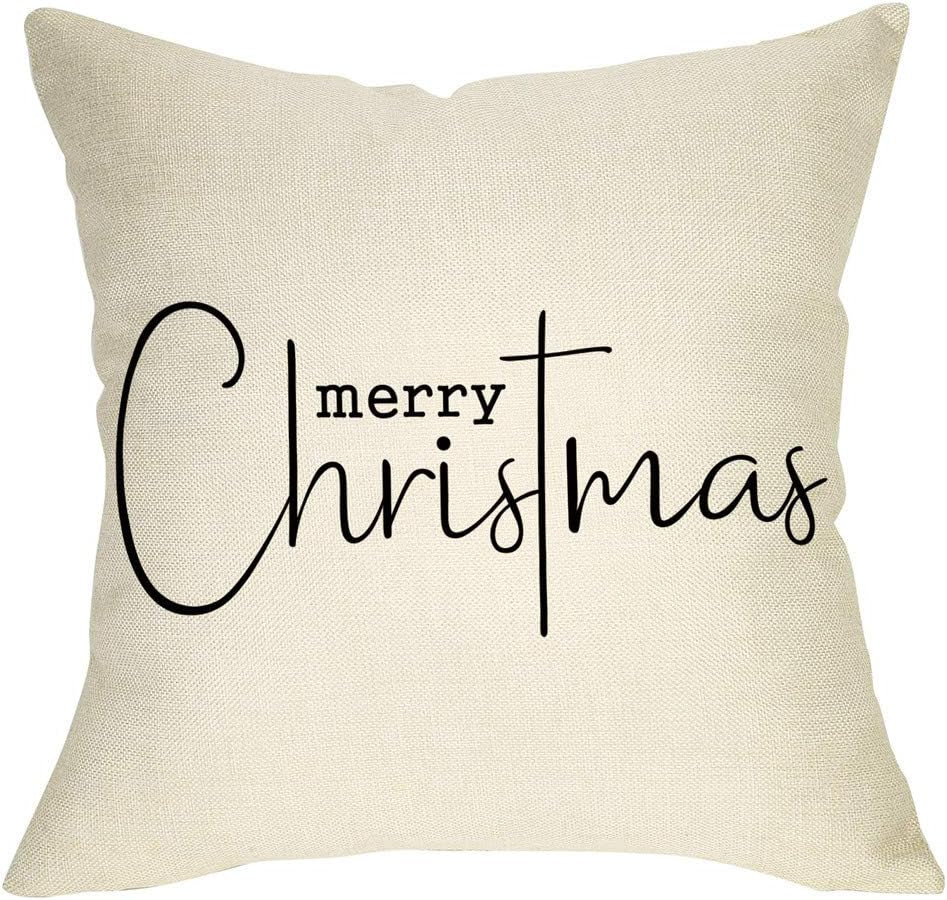 Merry Christmas Throw Pillow Cover, 18" X 18" Inch Decorative Xmas Sign Rustic Cushion Case, Farmhouse Home Winter Decoration Holiday Square Pillowcase Decor for Sofa Couch Cotton Linen