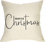 Merry Christmas Throw Pillow Cover, 18" X 18" Inch Decorative Xmas Sign Rustic Cushion Case, Farmhouse Home Winter Decoration Holiday Square Pillowcase Decor for Sofa Couch Cotton Linen