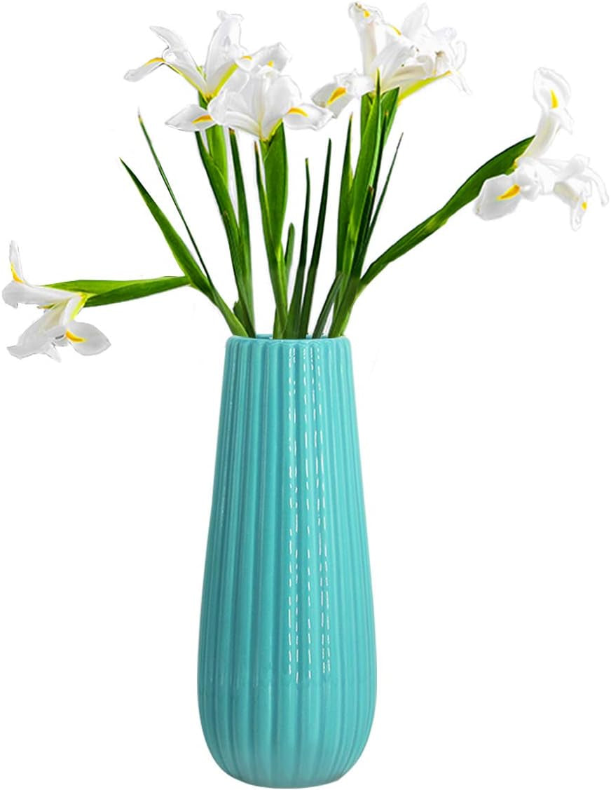 8 Inch Ceramic Flower Vase for Home Decor, Teal Vase for Artificial Flowers Bud Hydroponics Plants Ikebana Arrangement, Table Centerpieces Vase (Blue)