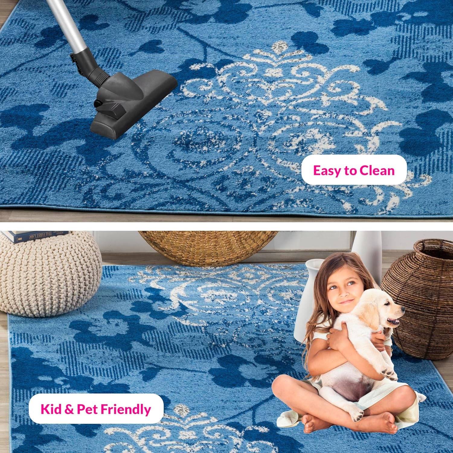 Adirondack Collection Area Rug - 5'1" X 7'6", Light Blue & Dark Blue, Floral Glam Distressed Design, Non-Shedding & Easy Care, Ideal for High Traffic Areas in Living Room, Bedroom (ADR114F)