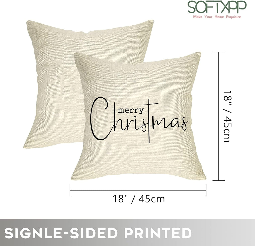 Merry Christmas Throw Pillow Cover, 18" X 18" Inch Decorative Xmas Sign Rustic Cushion Case, Farmhouse Home Winter Decoration Holiday Square Pillowcase Decor for Sofa Couch Cotton Linen