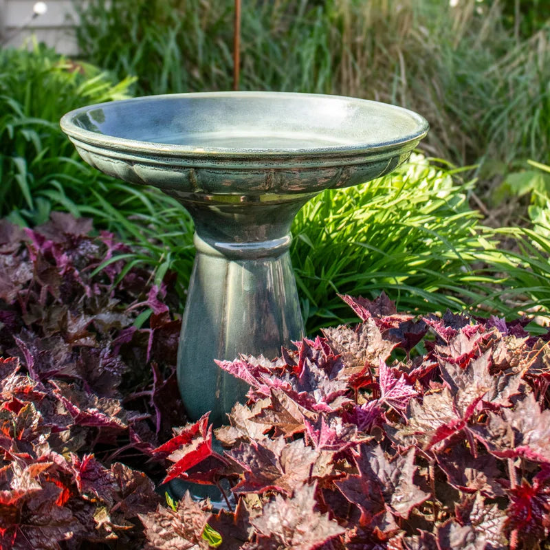 Aubriela Freestanding Ceramic Outdoor Bird Bath, Uv-Resistant Green Mist Finish