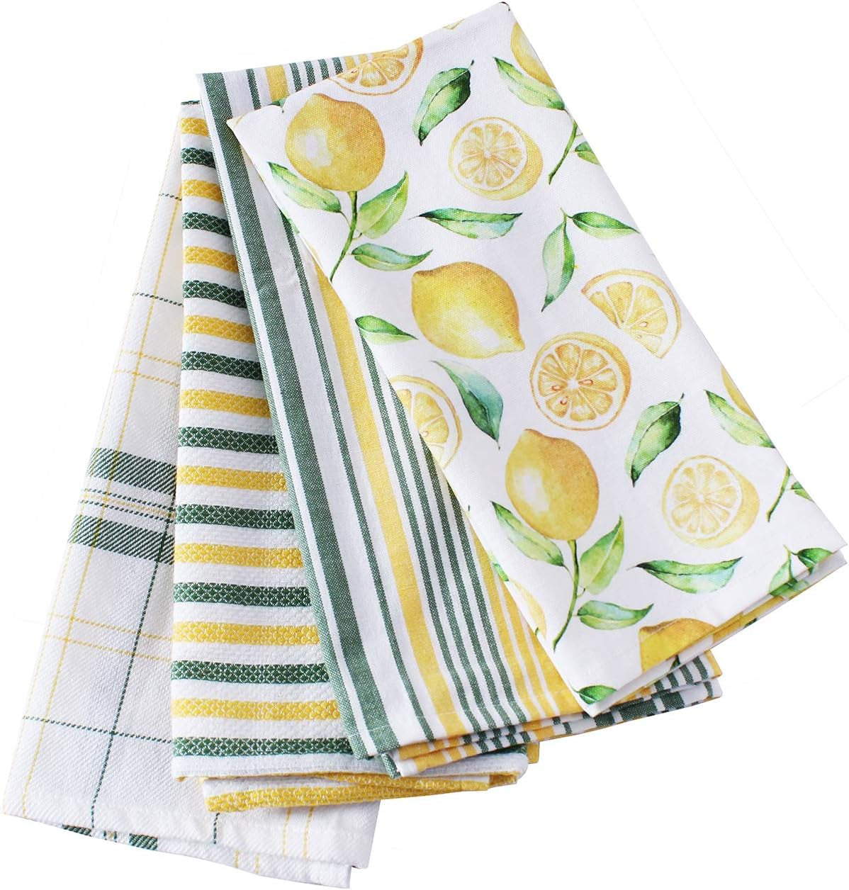 Lemon Yellow Printed Cotton Kitchen Towel Set - Absorbent Multi Purpose Kitchen Linen - 4 Drying Dish Hand Towels 20X28