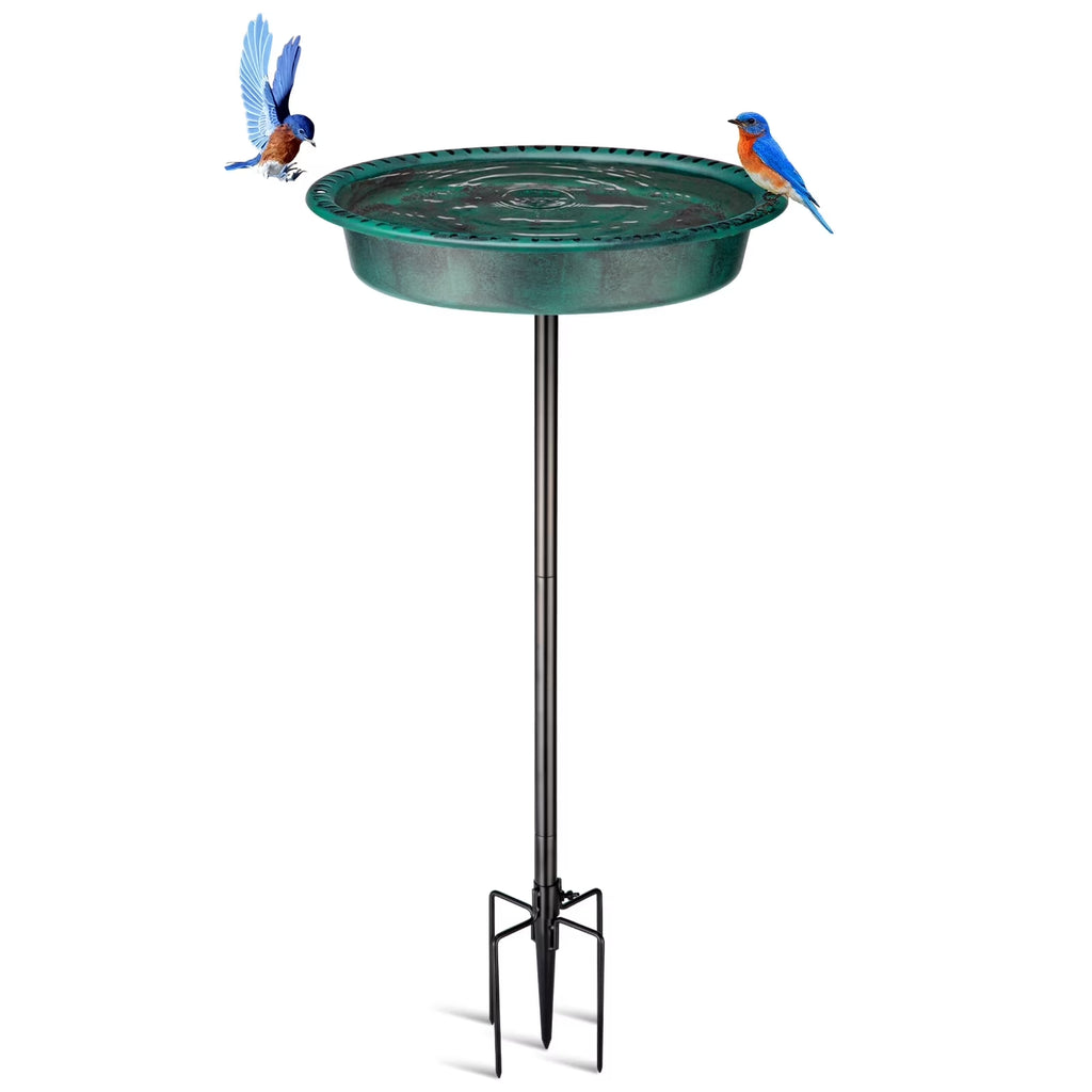 Oval Polyresin Bird Bath Bowl with Metal Stake, 34 Inch Height Outdoor Freestanding Birdfeeder - Green