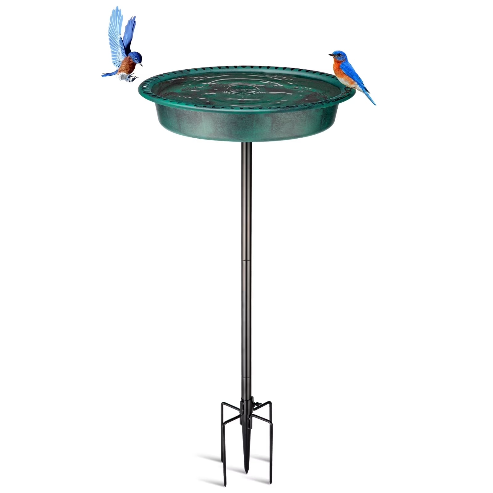 Oval Polyresin Bird Bath Bowl with Metal Stake, 34 Inch Height Outdoor Freestanding Birdfeeder - Green