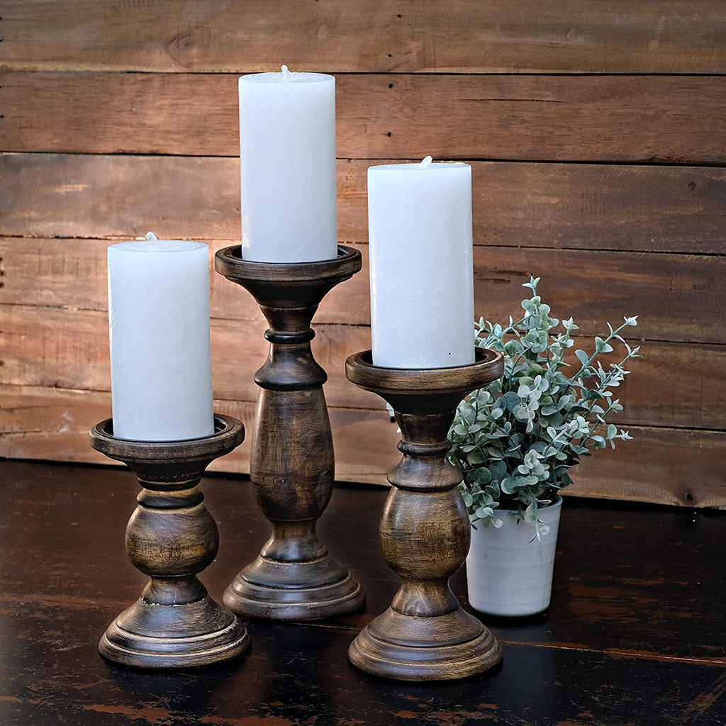 Tall Candle Holders for Pillar Candles, Rustic Candle Holders Table Centerpiece Accent, Pillar Candle Holder for Dining Table, Farmhouse Candle Holders, Wood Candle Holders for Mantel Black Dark Brown